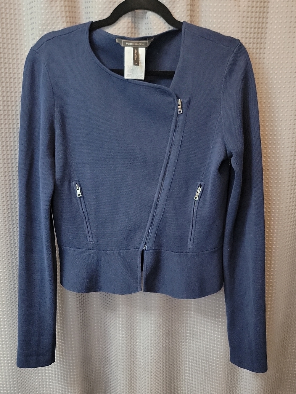 Vintage BCBGMAXAZRIA Navy Asymmetrical Zip Knit Moto Jacket Size M